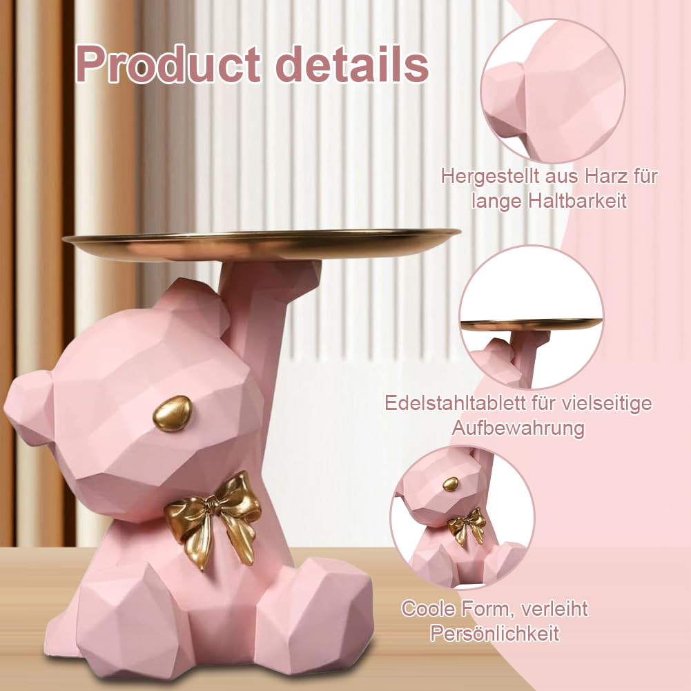 Statua di Orso con Vassoio, Statua Orso Geometrico, Svuotatasche da Ingresso Design, Sculture Moderne Design, Vassoio portaoggetti per soggiorno, ingresso, ufficio, decorazione da scrivania, Rosa