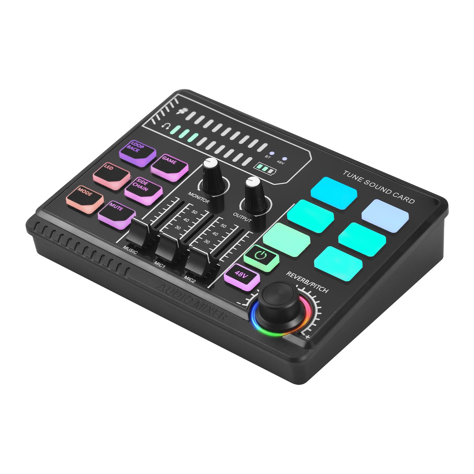 ROYHH Gaming Audio Mixer 48V Phantom Power Audio Interface RGB Light BT Plug and Play Desktop Singing Sound Card Mixer for Live Streaming Podcasting Content Create Gaming Rechargeable
