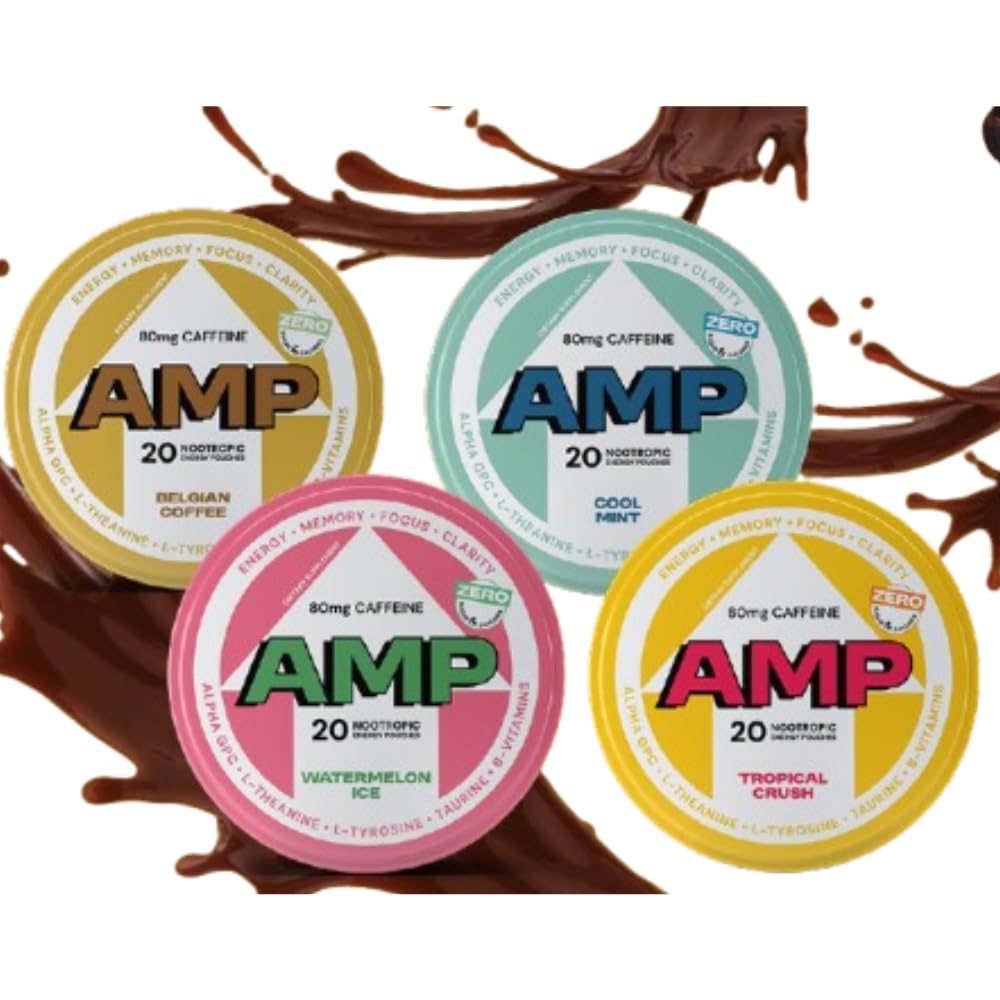 Energy Pouches 4 Mix Packs 20 Pouches per Can Tropical Crush, Watermelon Ice, Belgian Coffee, Cool Mint - Caffeine & Nootropic Blend - Zero Sugar, Nicotine-Free - Boosts Memory & Performance