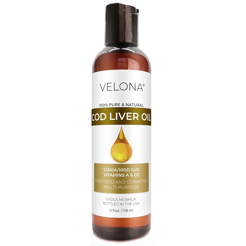 velona Óleo de fígado de bacalhau líquido com ômega 3, vitaminas A e D3, 1.000 UI de A/100 UI de D3 por g, 120 mL