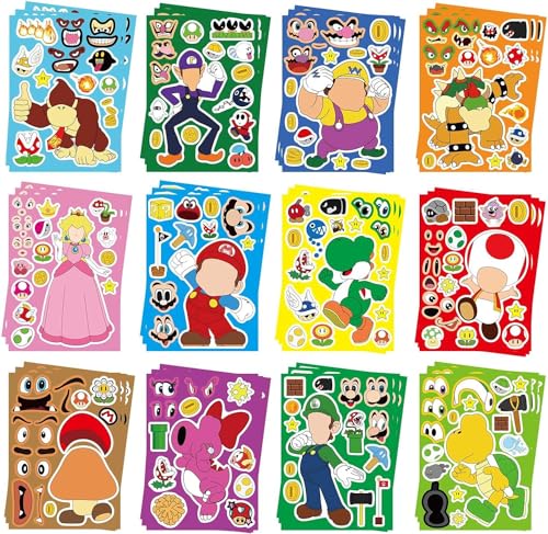 Image of 36PCS Mario Make a Face Stickers, DIY Mario Party Supplies Favors Make Your Own Stickers Mixed and Matched with Different Designs Characters for Birthday Gifts Class Reward Book Decor