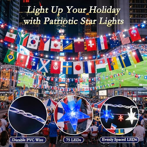 Soagrc 2026 World Cup Decorations String Lights, 49FT 75 LED Red White Blue Star Lights with 48 Country Flags, USB Powered Soccer Party Decor for World Cup, 4th of July, Sports Bar, Outdoor Indoor — view 2
