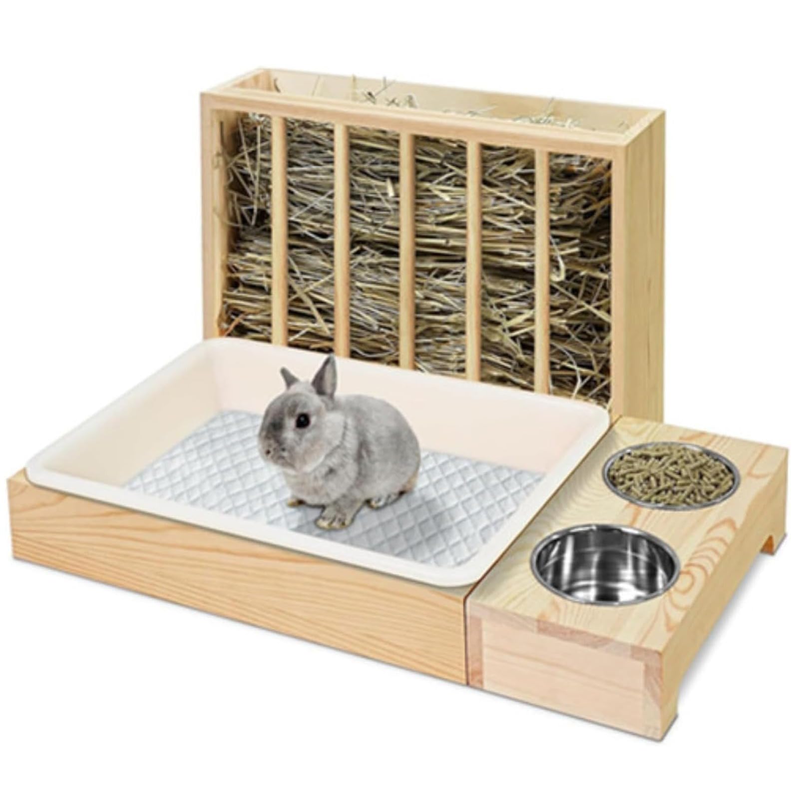 Mangiatoia per fieno 4 in 1 per conigli, con lettiera, ciotola per cibo per conigli, criceti, mangiatoia per fieno in legno per piccoli animali domestici
