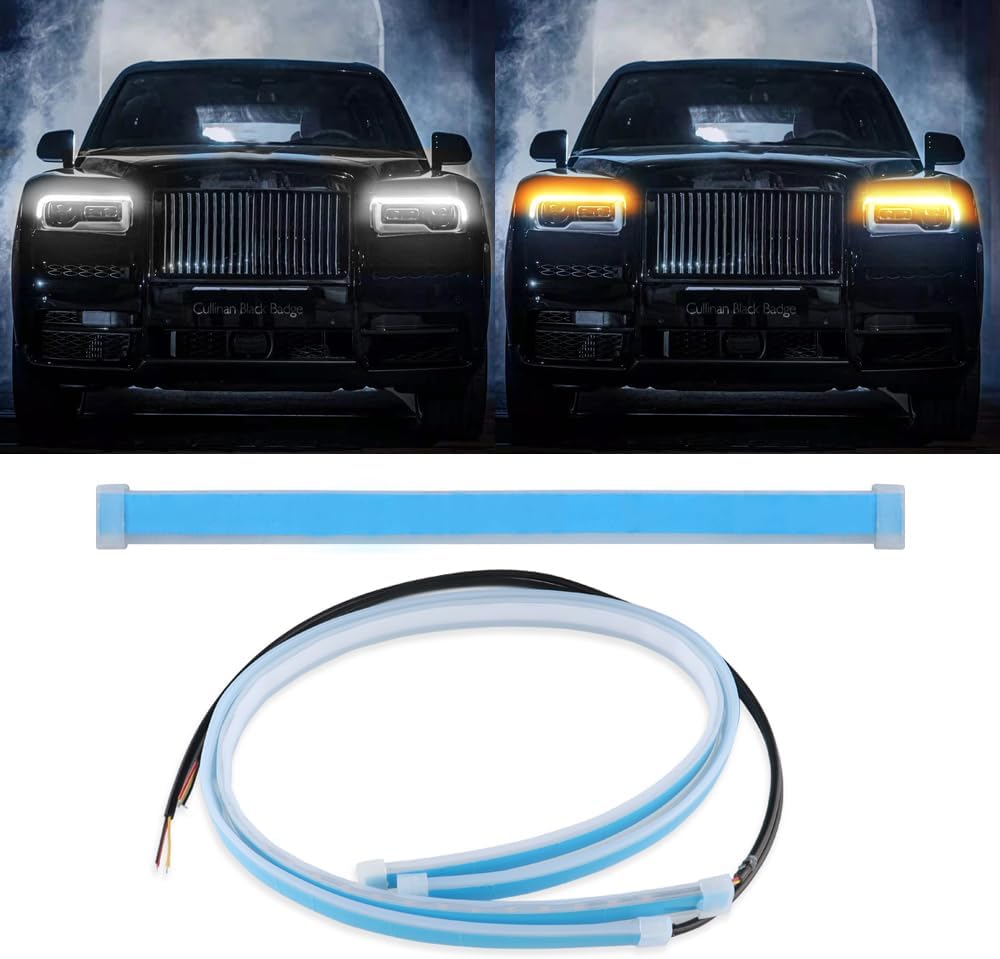 2PCS 23in Ultra-Thin Light Guide Strip Auto White to Amber Dual-Color Fluorescent Daytime Running Lights, Turn Signal for Car, Truck, SUV, Van, Caravan, Motorcycle, Trailer