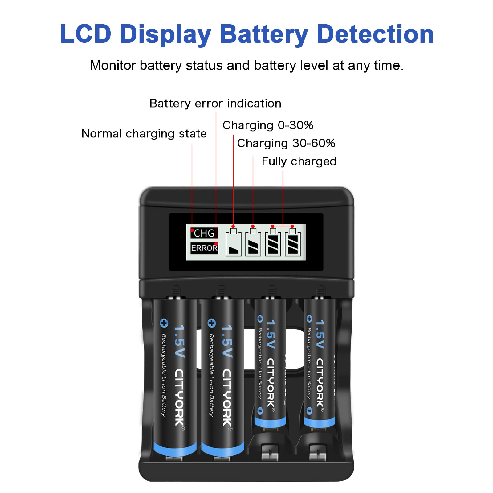 CITYORK Lot de 4 piles Li-ion rechargeables AA AAA 1,5 V 3000 mWh et 4 piles AAA 1200 mWh et chargeur de batterie