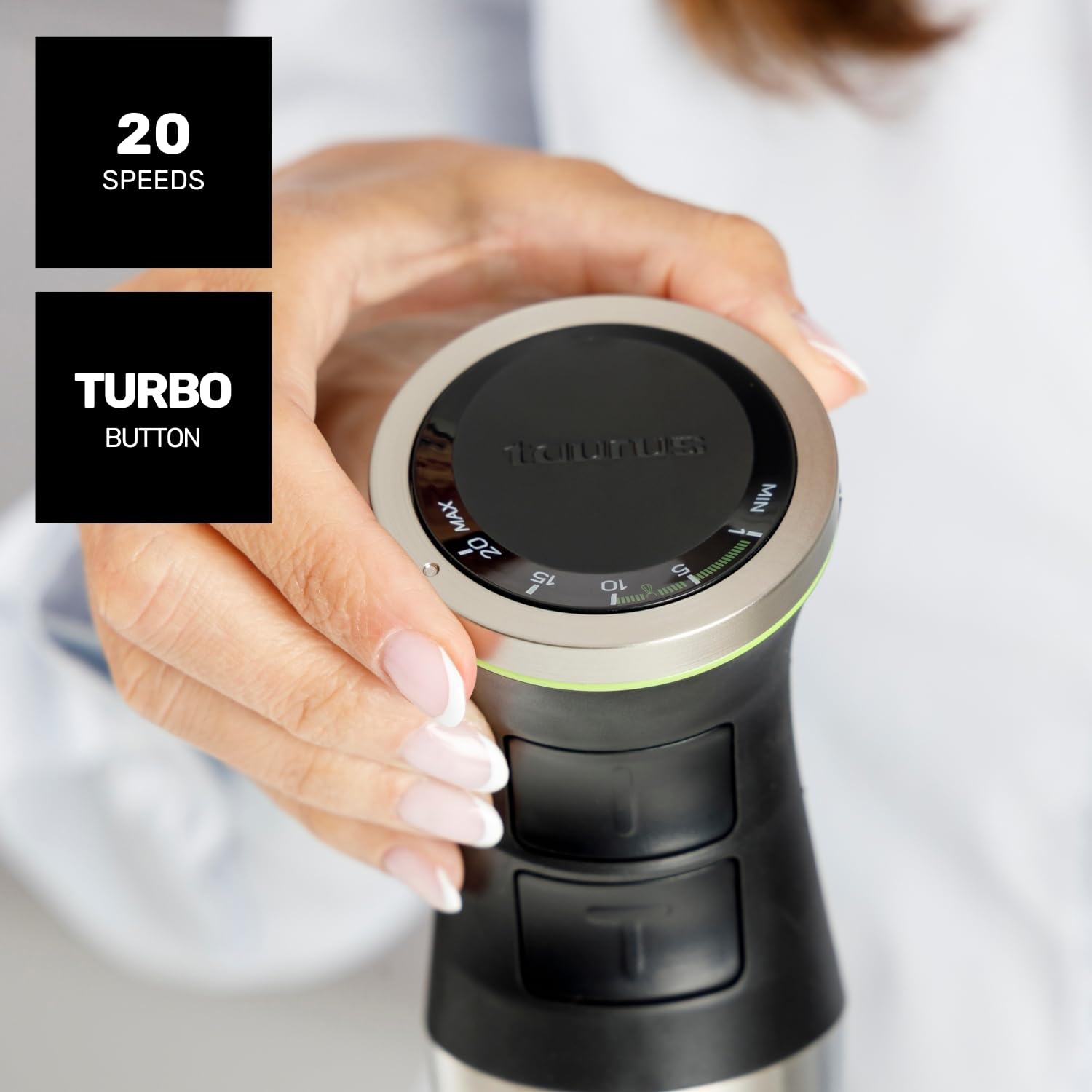 Taurus – Batidora de Mano Bapi 1500 Luxe XL,1500W, 20 Velocidades + Turbo, Cuchillas Acero Doble Efecto, Antisalpicaduras, Soft Touch, Vaso Medidor 900ml, Picador 350ml, Doble Emulsionador, Pasapurés