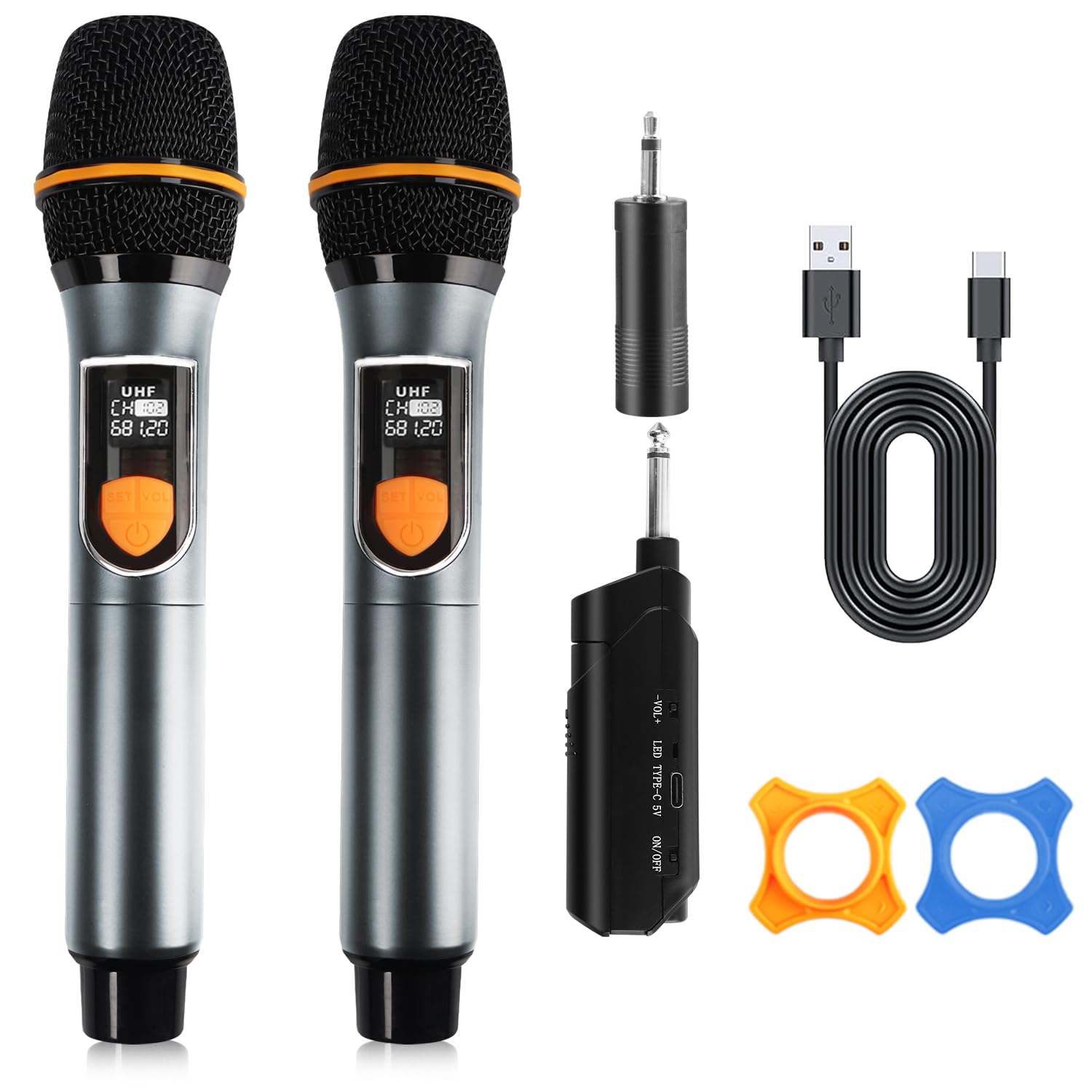 VTSGN Wireless Microphone System, UHF Dual Cordless Metal Dynamic Mics with Rechargeable Receiver, 200ft Range, for Karaoke, Wedding, DJ, Party, Speech, Church, Classroom - Gunmetal Gray