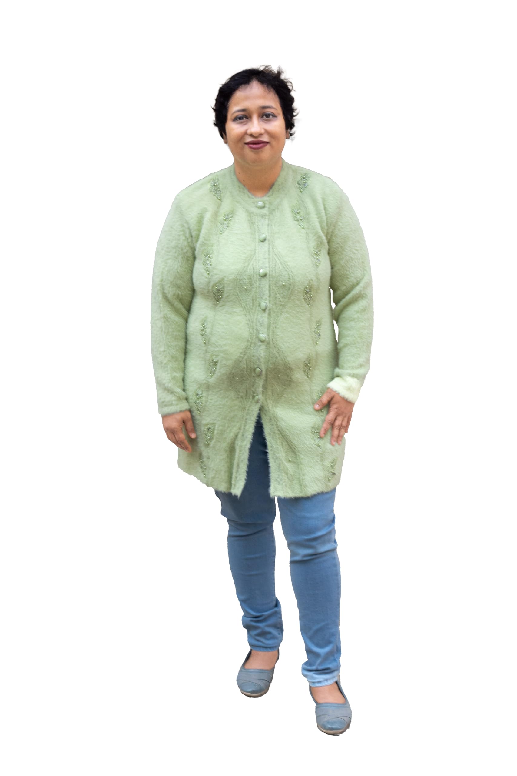 Womens Woolen Light Green Front Open Round Neck Cardigan with Beads Work-image-16