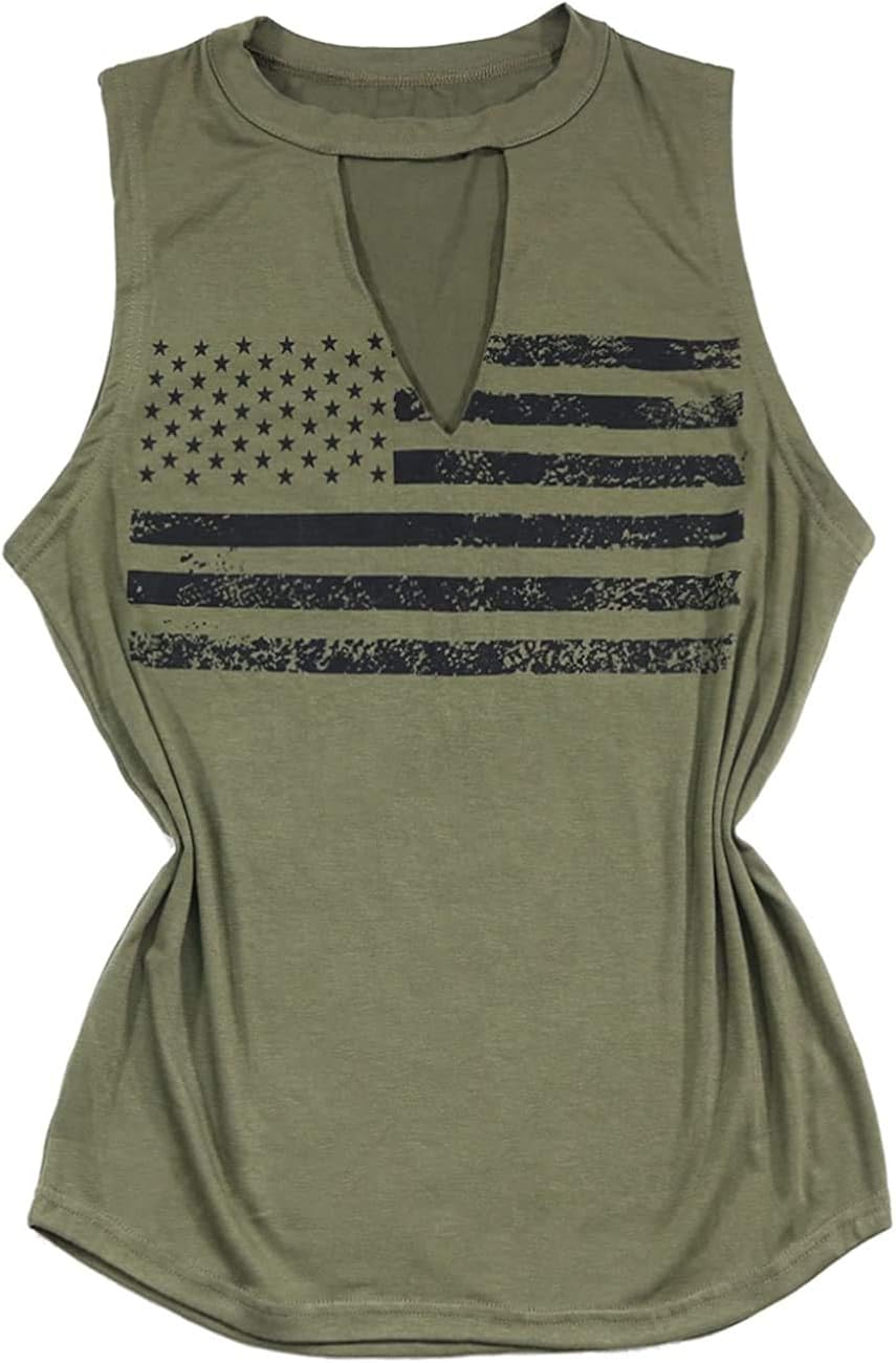 FAYALEQ American Flag Print Hollow Out V-Neck Tank Tops Womens Sleeveless Shirt Tee Cami