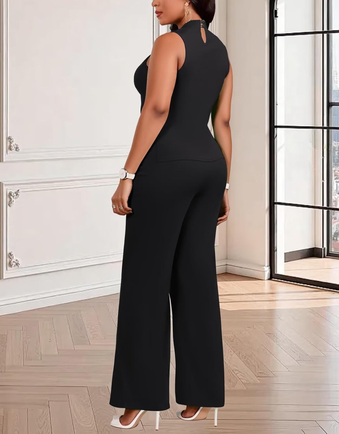 acelyn Elegant Women's 2 Piece Outfits Sleeveless Slit Mock Neck Top Wide Leg Pant Suits Set Work Business Pantsuit Black