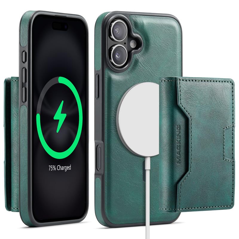 Funda iPhone 16 Plus anti-clonación RFID con tarjetero extraíble y tapa magnética verde