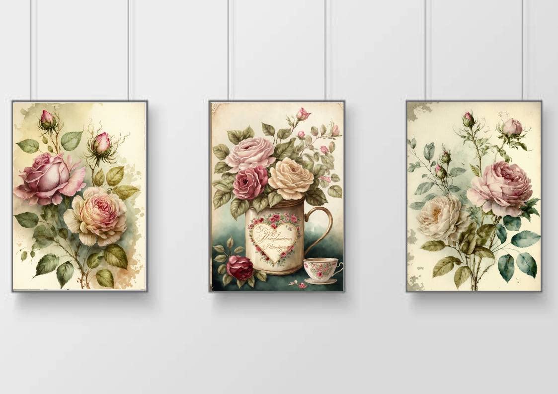 gfc pink cream roses Print Picture Poster Gift A4 UNFRAMED shabby chic vase country wall art vase mason jar Home decor Kitchen price for set of 3