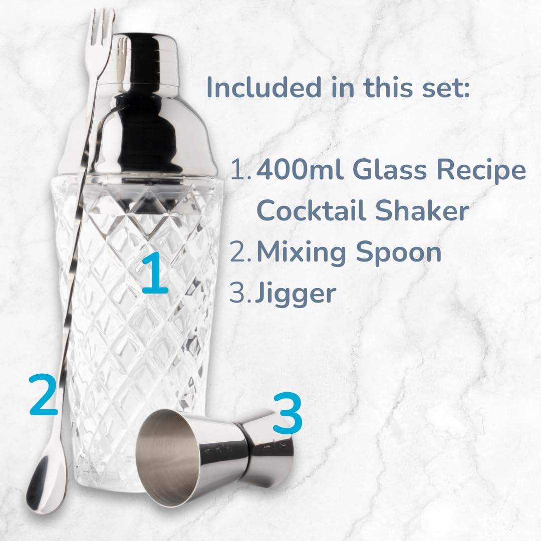 Taylors Eye Witness Taylor's Eye Witness Taproom Lot de 3 shakers à cocktail en acier inoxydable argenté et verre à motif gravé – Comprend un shaker à cordonnier en métal de 400 ml (14 fl oz), un doub