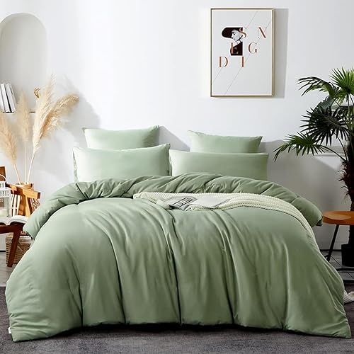 CoutureBridal Green Duvet Cover Full Size 3 Pieces Super Soft Microfiber Light Green Bedding Duvet Cover Minimalist Style Solid Color Duvet Cover with Zipper Ties Gift for Christmas