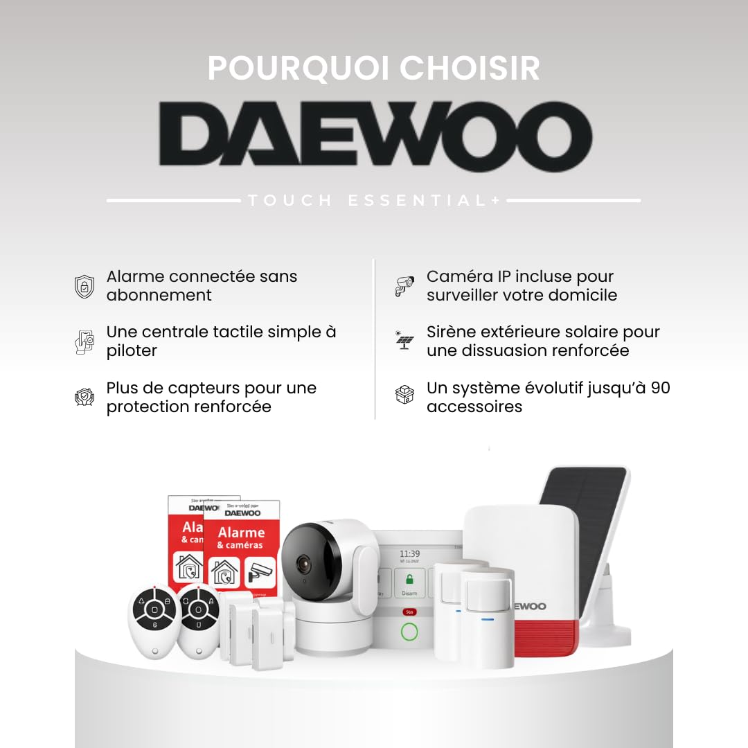Daewoo Security Pack Touch Essential+ - Alarme Maison connectee sans abonnement avec Camera HD, Sirene Solaire, 4 capteurs Porte, 2 detecteurs Mouvement - Compatible Alexa et Google Home