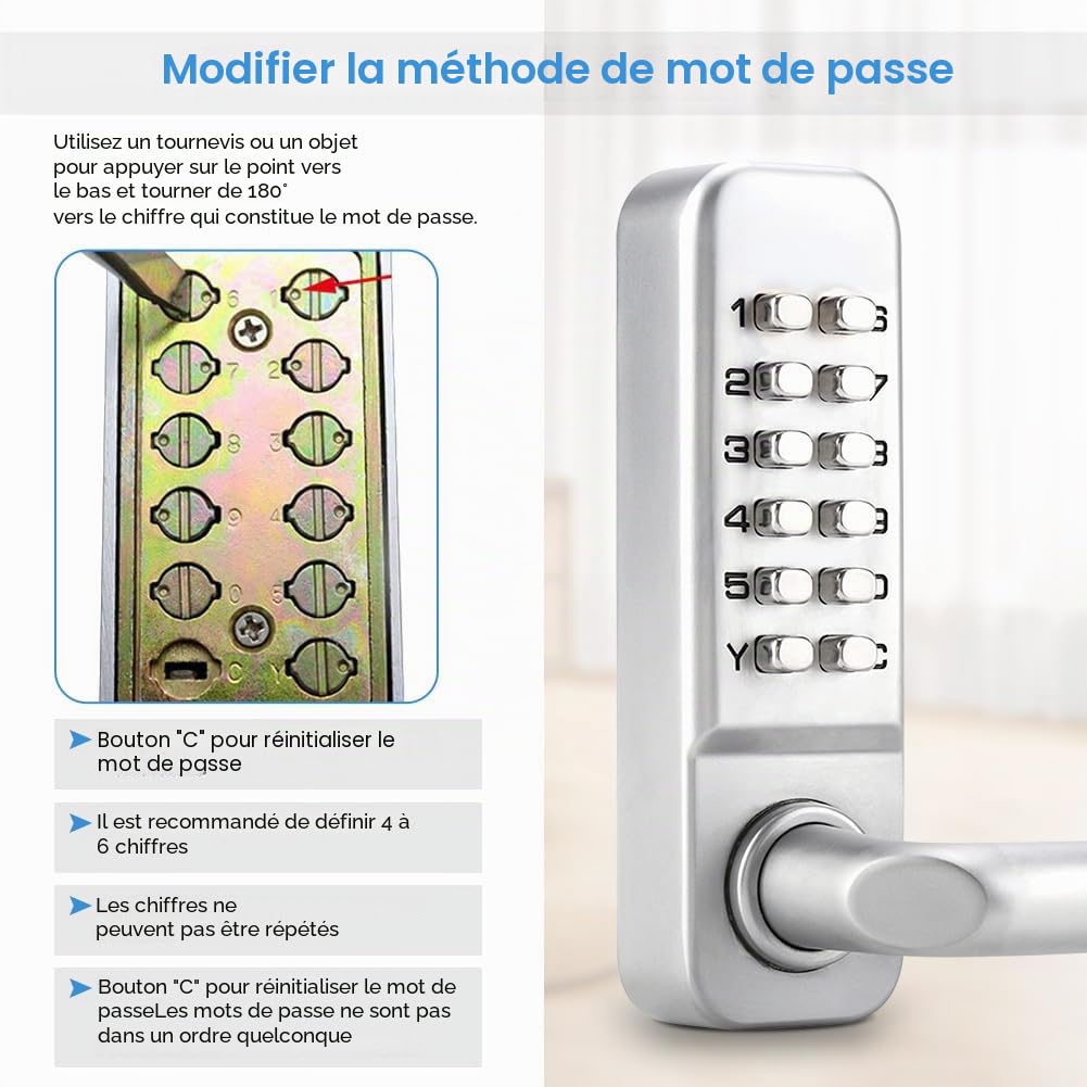 Serrure de porte à code numérique avec touches mécaniques Serrure à code numérique sans clé pour garage, hôtel, bureau, studio, entrepôt
