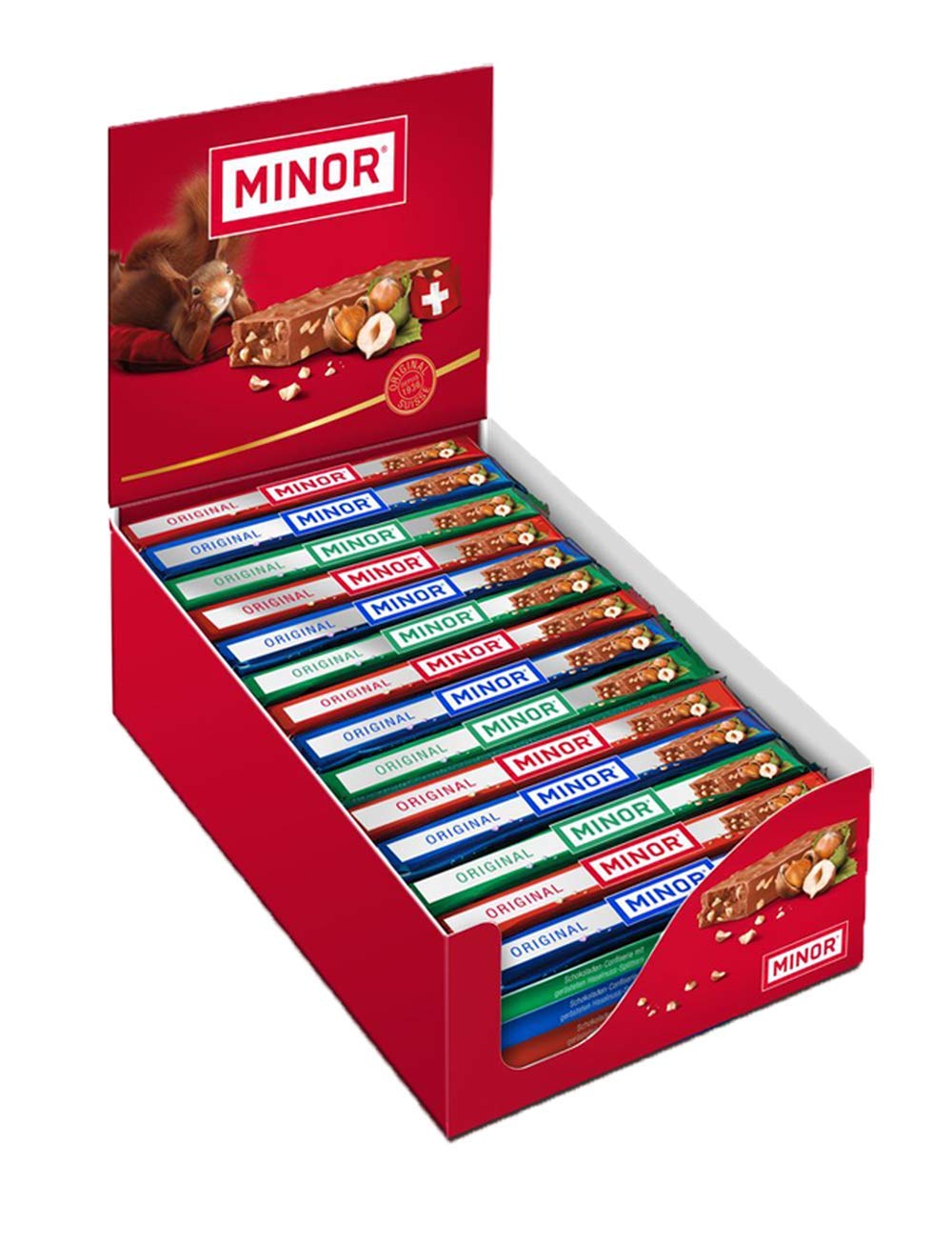 Minor Classic Stengel Schweizer Schokolade 70 Schokoladenriegel á 22g im Thekendisplay 1,54kg Großpackung Nougat Gianduja Maestrani Milchschokolade Glutenfrei, ohne Palmfett