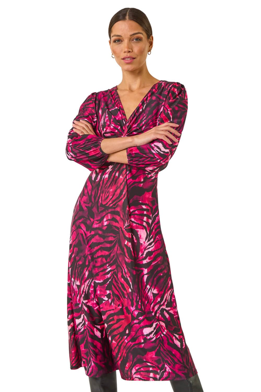 Roman Women's Pink Zebra Print Twist Front Midi Dress In | Size: 12