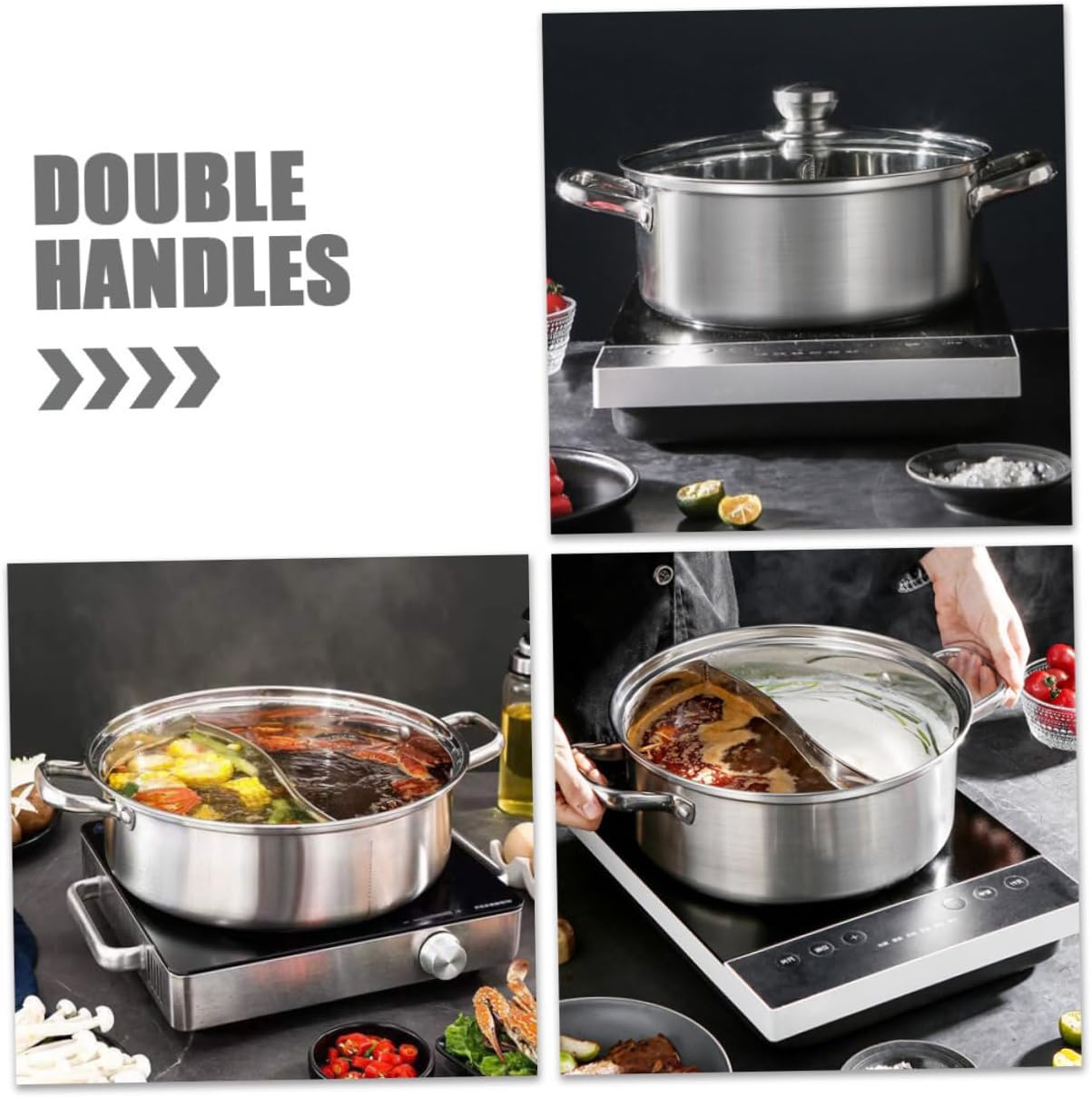 Mobestech Household Stainless Steel Hot Pot Double Handles Thickened Divider for Cooking Hot Pot Dishes for Gatherings and Family Meals