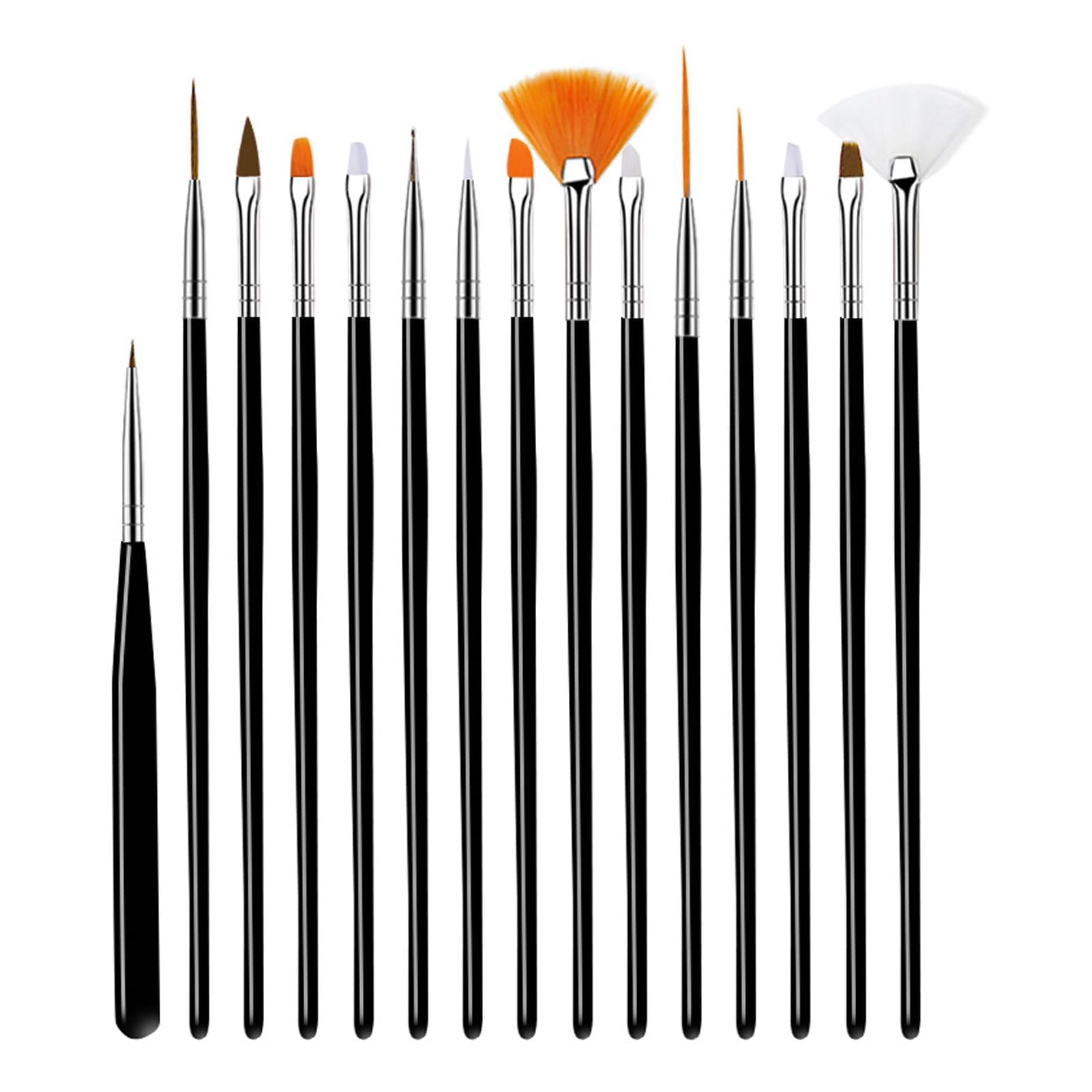 Set di pennelli professionali per nail art, 15 pezzi, strumenti professionali per la pittura delle unghie, include pennello quadrato, francese, piatto, ovale affilato, per nail art dettagliata, nero