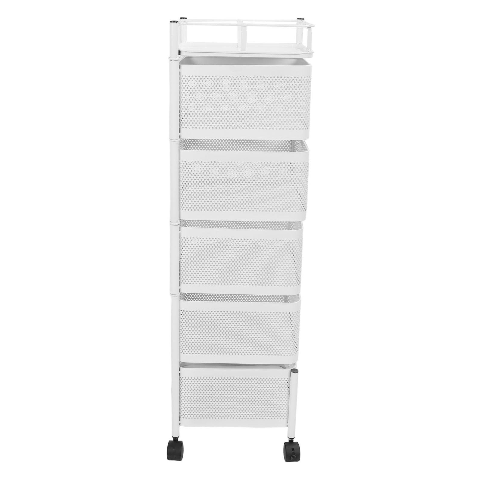Rotating Storage Cart, Sturdy Space Saving Frame, Mesh Basket Organizer Basket, Carbon Steel Raised Fence for Fruits and Vegetables for Bathroom (White 5 Tier)