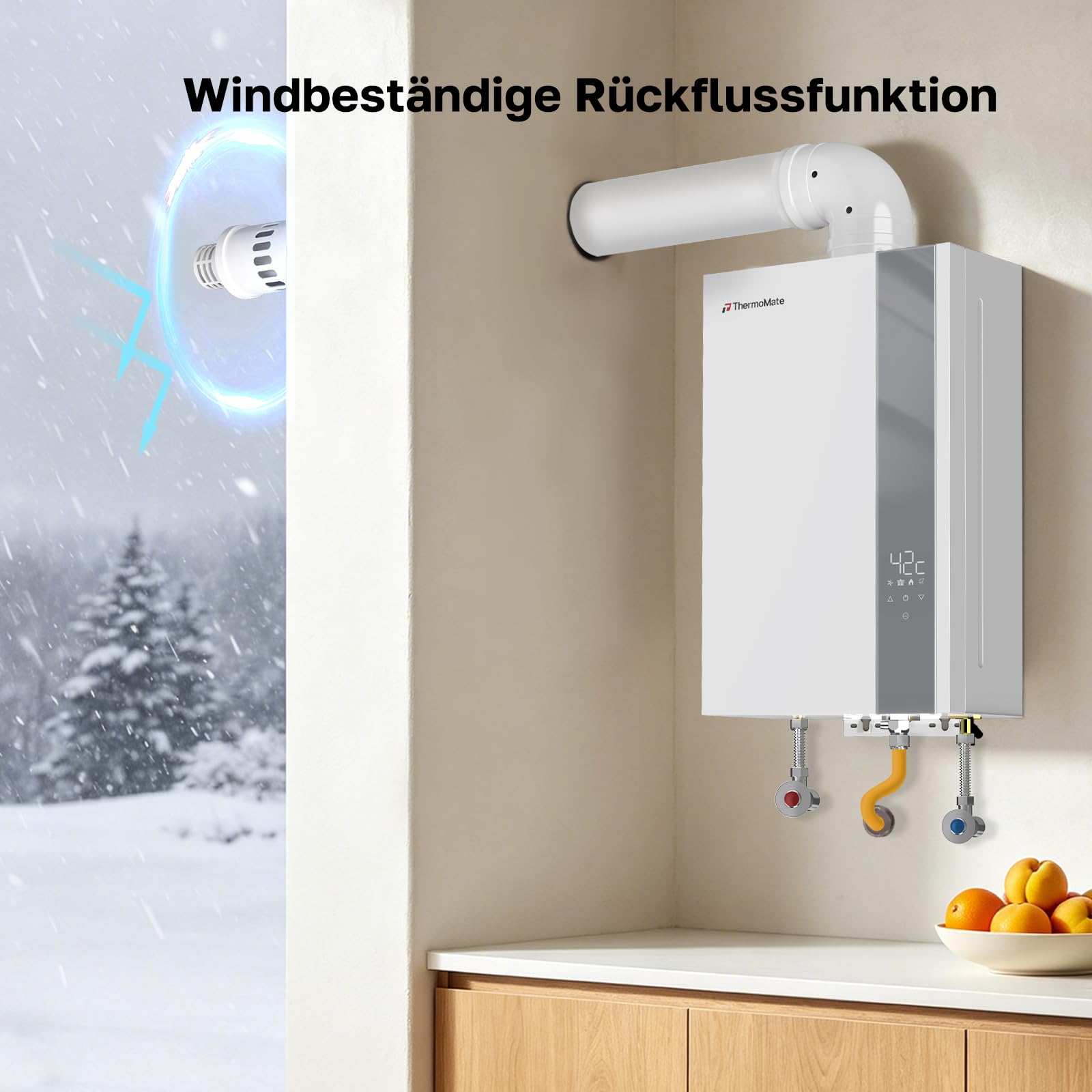 ThermoMate Horizontales Konzentrisches Zuluft-/Abgasrohr-Set für innenbereich Gas-Durchlauferhitzer - 60/100mm x 930mm (mit 90° Bogen)