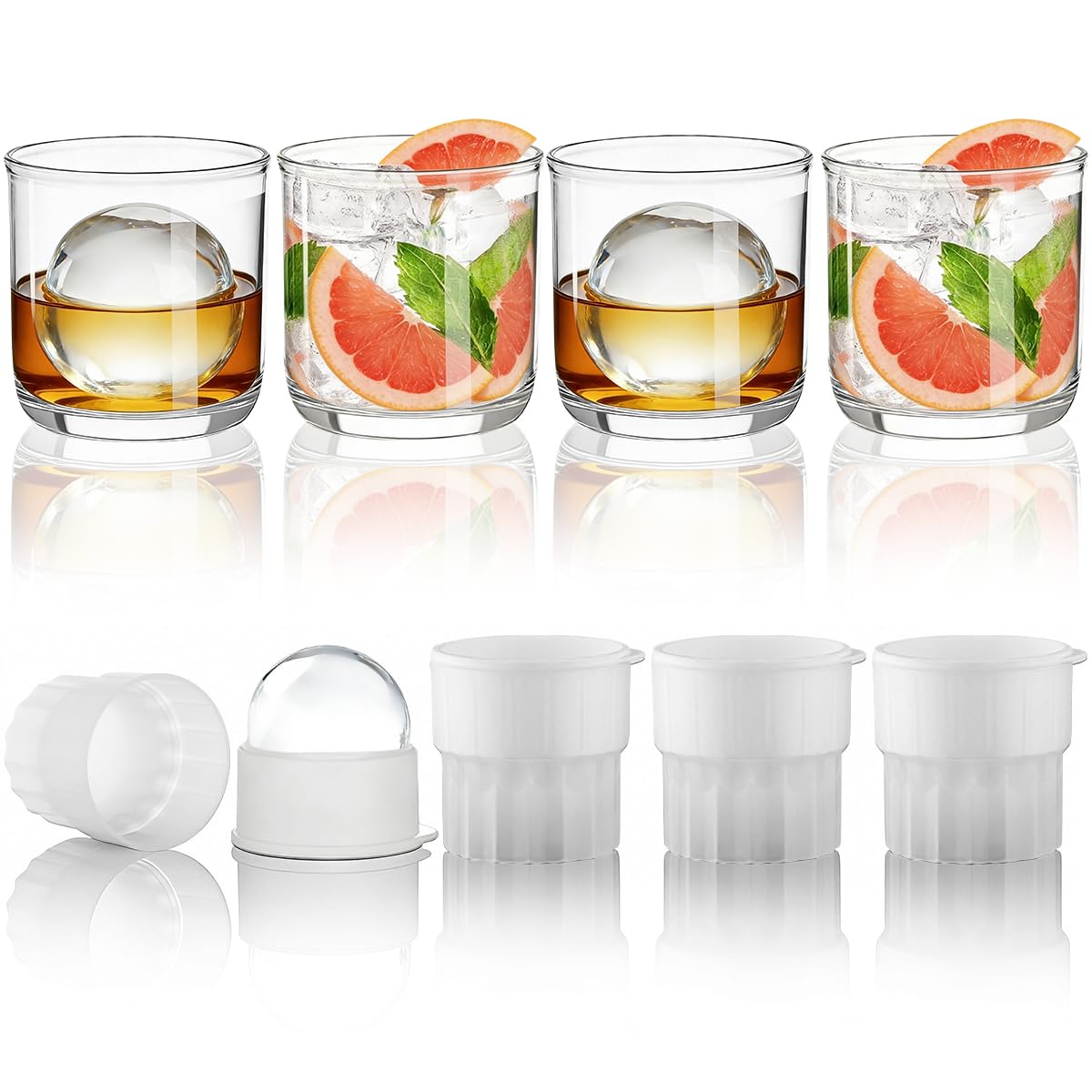 Berglander Whiskey Glasses Set of 8 (4 Bourbon Glasses, 4 Big Ice Ball Molds) 340ml Reusable PET Clear Plastic Old Fashioned Glasses for Scotch Cocktail Cognac Vodka Liquor Cold Drink, Gifts for Men