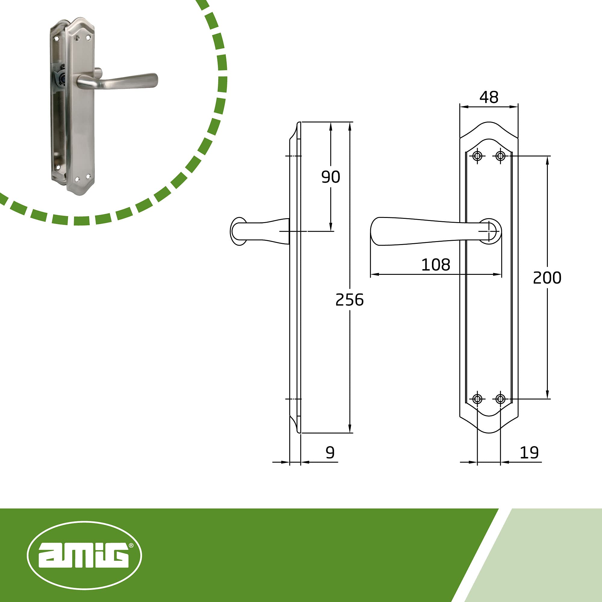 Amig - Lot de 2 poignées de plaque argentée en laiton avec finition chromée mate pour portes intérieures - 256 x 48 mm · Carré de 8 mm | Vis incluses