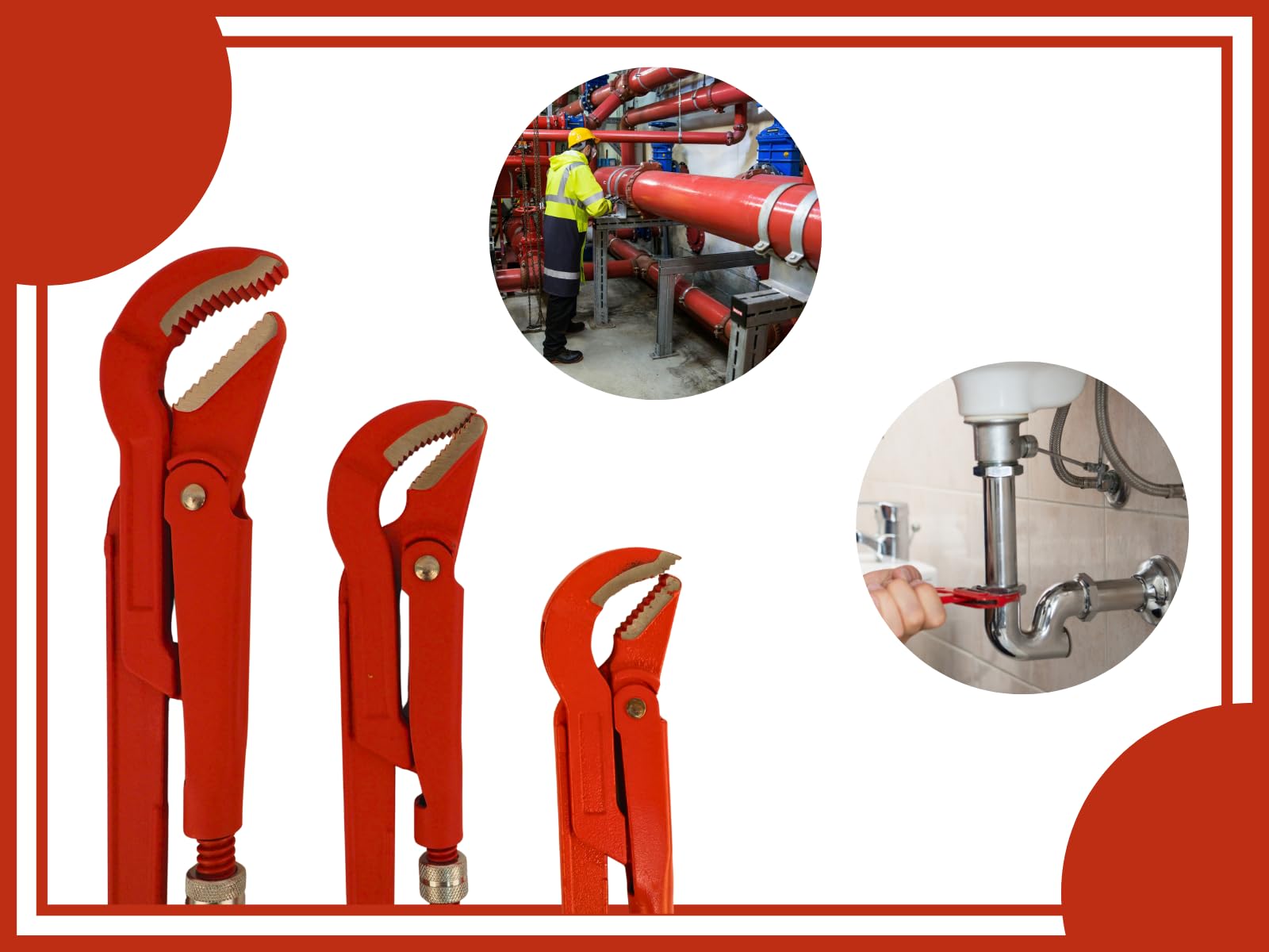 3-częściowy zestaw szczypiec do rur – 1" 1,5" 2" – regulowany stalowy klucz do rur – czerwone hydrauliczne szczypce do rur – wytrzymała konstrukcja stalowa do instalacji sanitarnych i