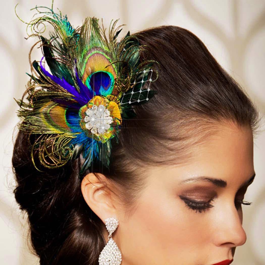 Peacock Feather Hair Clip 1920s Fascinator with Rhinestone Flapper Prom Hair Accessories for Women