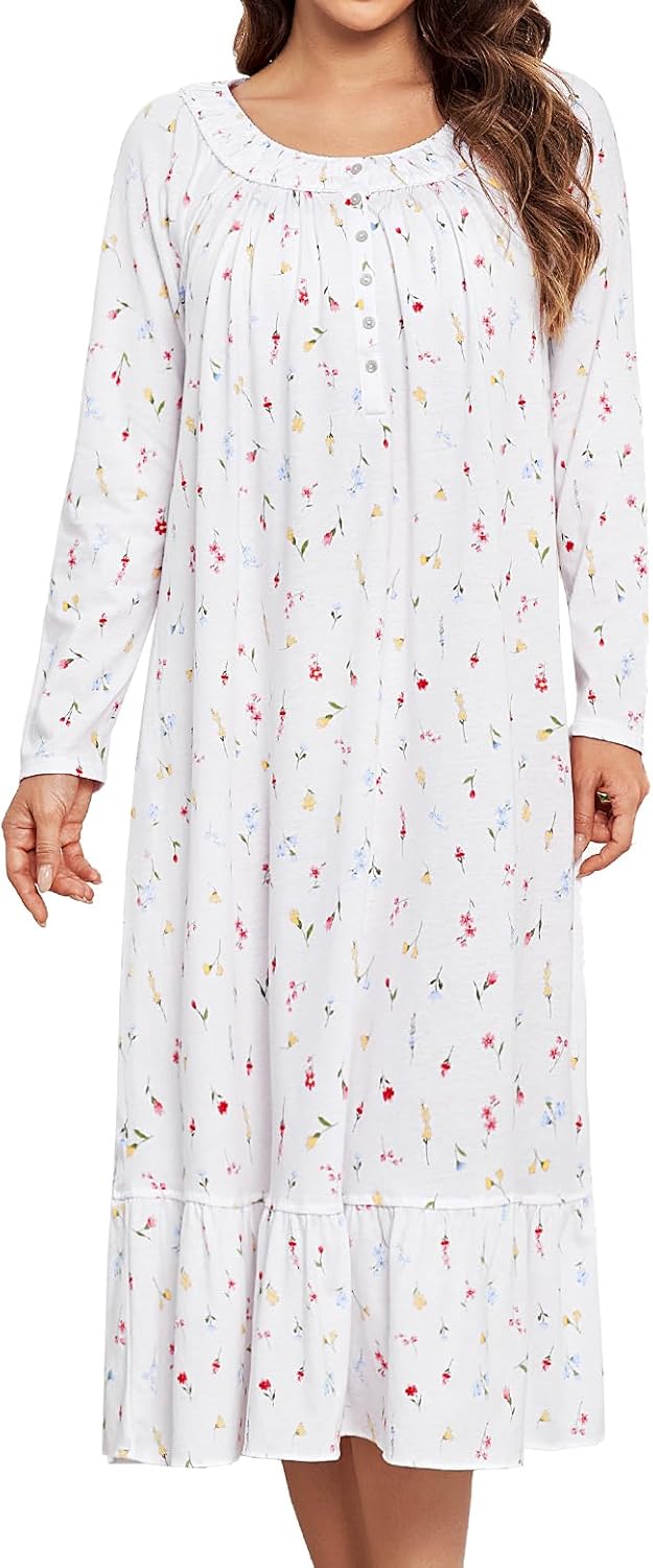 MZROCR Cotton Nightgowns for Women Soft Long Sleeve Night Gowns for Adult Women Comfy Night Shirts Lightweight Sleepwear