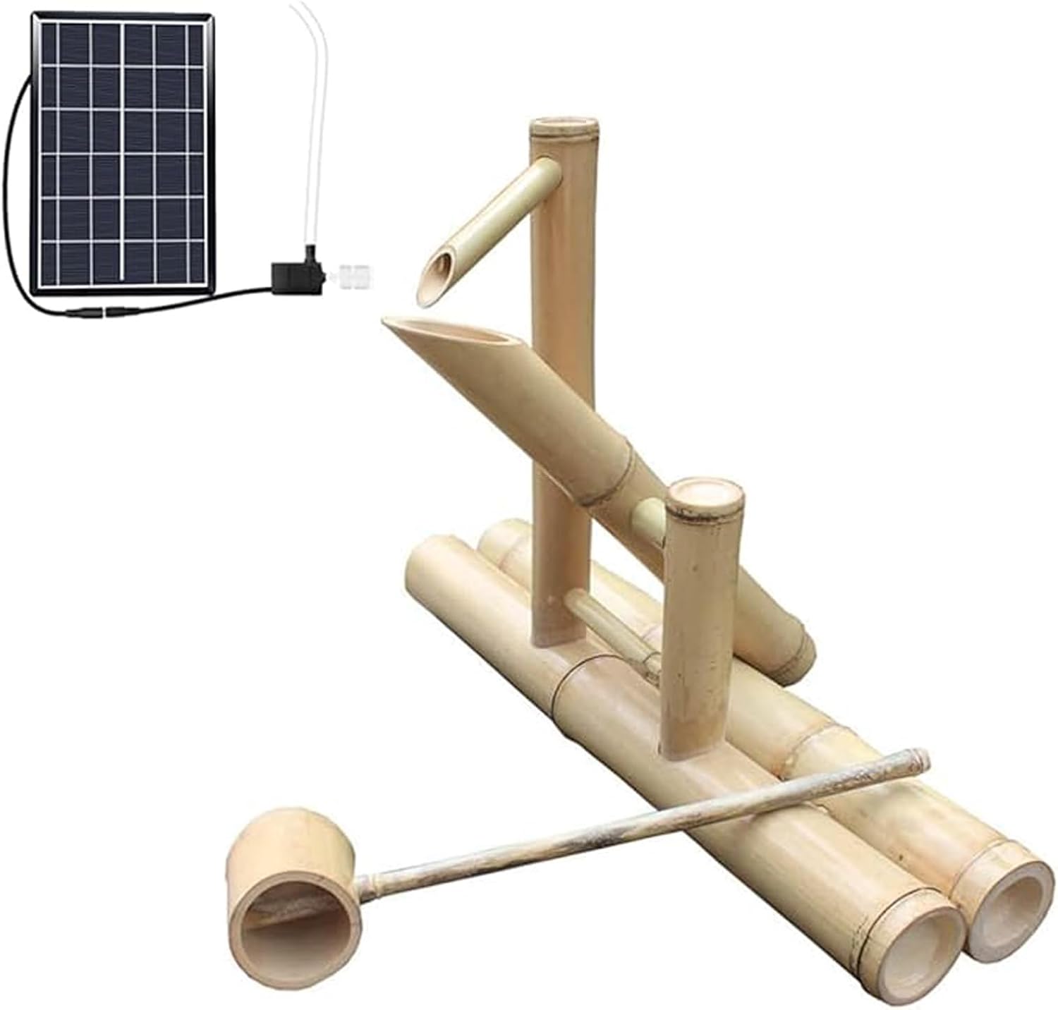 Handmade Bamboo Solar Fountain Kit, Zen Garden Waterfall Feature, Japanese Feng Shui Water Ornament, Outdoor Patio Pond Landscape Decoration, 25.6x5.9x17.7in