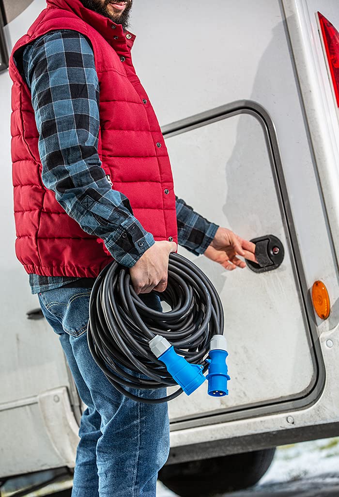 as - Schwabe Cavo di prolunga da campeggio, 5 m, 230 V, 16 A, 3 poli, spina CEE con indicatore di tensione, accoppiamento CEE con coperchio ribaltabile, prolunga per camper, prodotto in Germania,