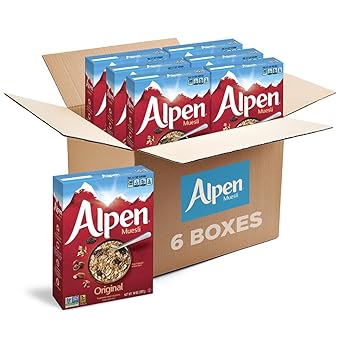 Alpen Muesli Original Cereal, Heart Healthy Cereal with Wheat Flakes, Rolled Oats, Nuts and Raisins, Non-GMO Project Verified, 14 OZ Box, Pack of 12