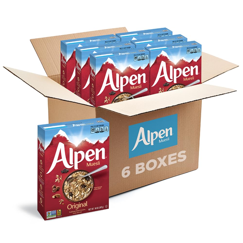 Alpen Muesli Original Cereal, Heart Healthy Cereal with Wheat Flakes, Rolled Oats, Nuts and Raisins, Non-GMO Project Verified, 14 OZ Box (Pack of 1)