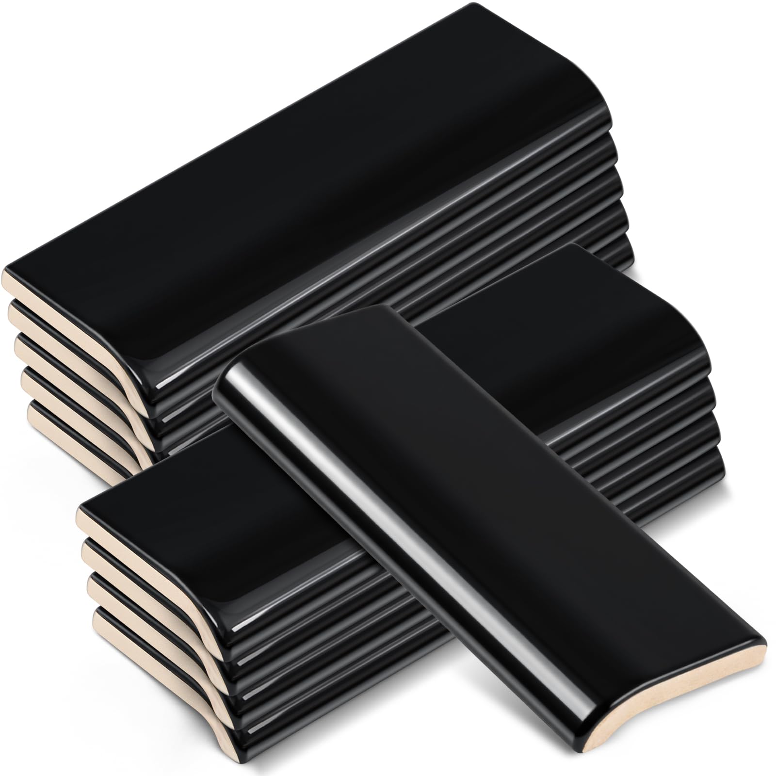 Maasechs 10 Pcs 2 x 6 in Ceramic Tile Bull Nose Trim Edge Glossy Subway Wall Trim Tile for Finishing in Bathroom Kitchen Backsplash and Shower Walls (Single-Sided Arc,Black)