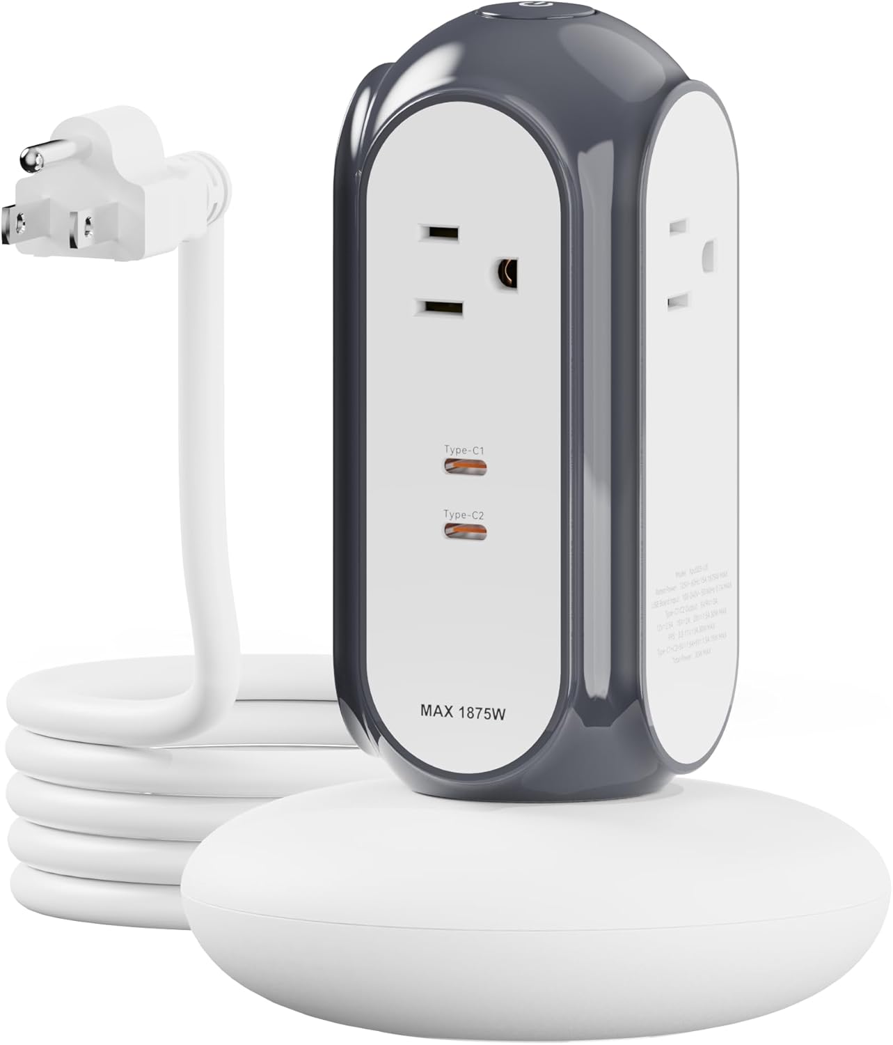 MiaoLab Power Strip Tower with 2 USB-C Ports (30W) + 4 AC Outlets, 1420J Surge Protector Power Strip with Overload Protection, 6.6FT Extension Cord with Multiple Outlets, 1875W/15A Charging Station