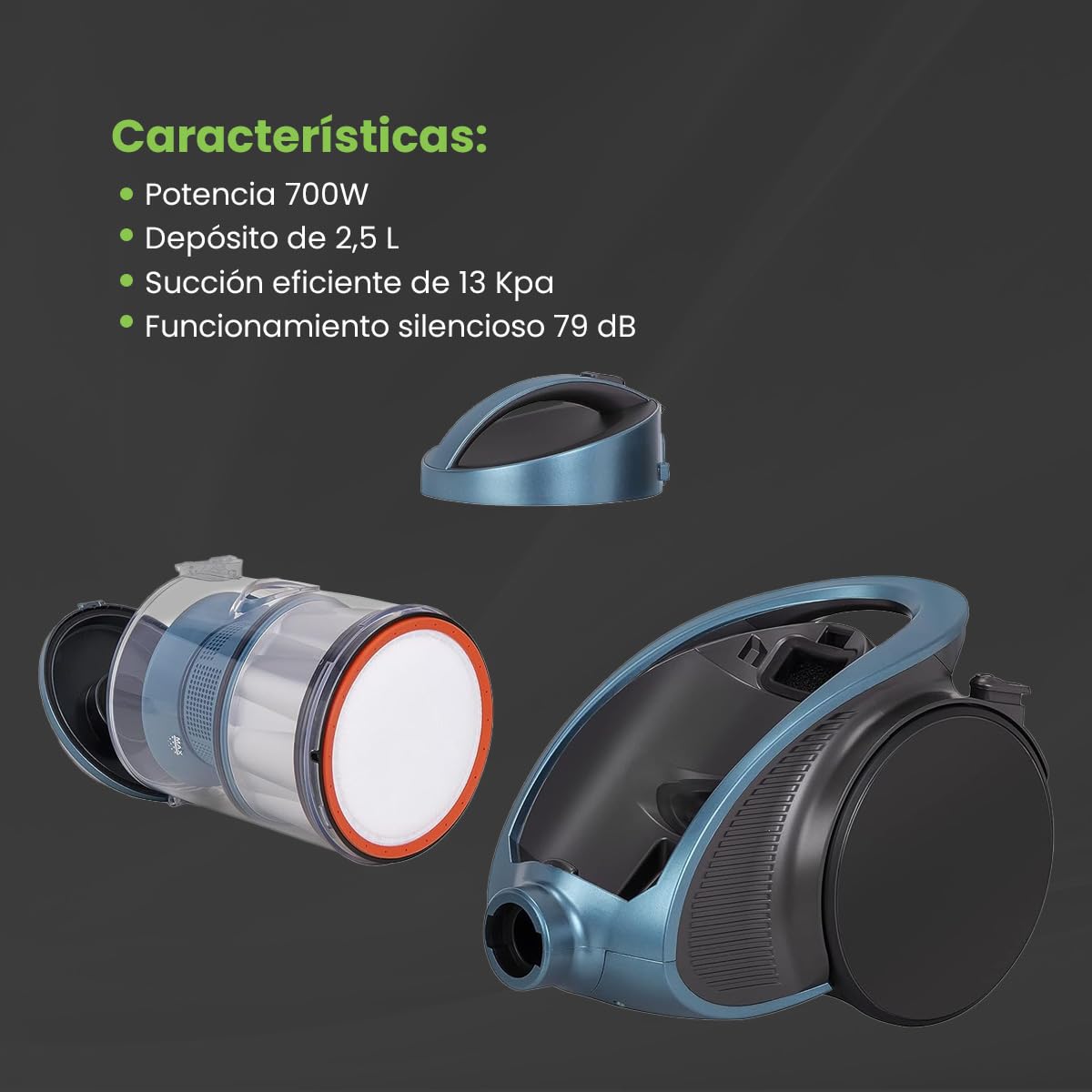 Kubo - Aspiradora sin Bolsa Filtro HEPA - Incluye 4 Accesorios - Funcionamiento Silencioso de 79 dB - Succión de 13 Kpa - Depósito de 2,5 L - Potencia 700W - Color: Quetzal Green