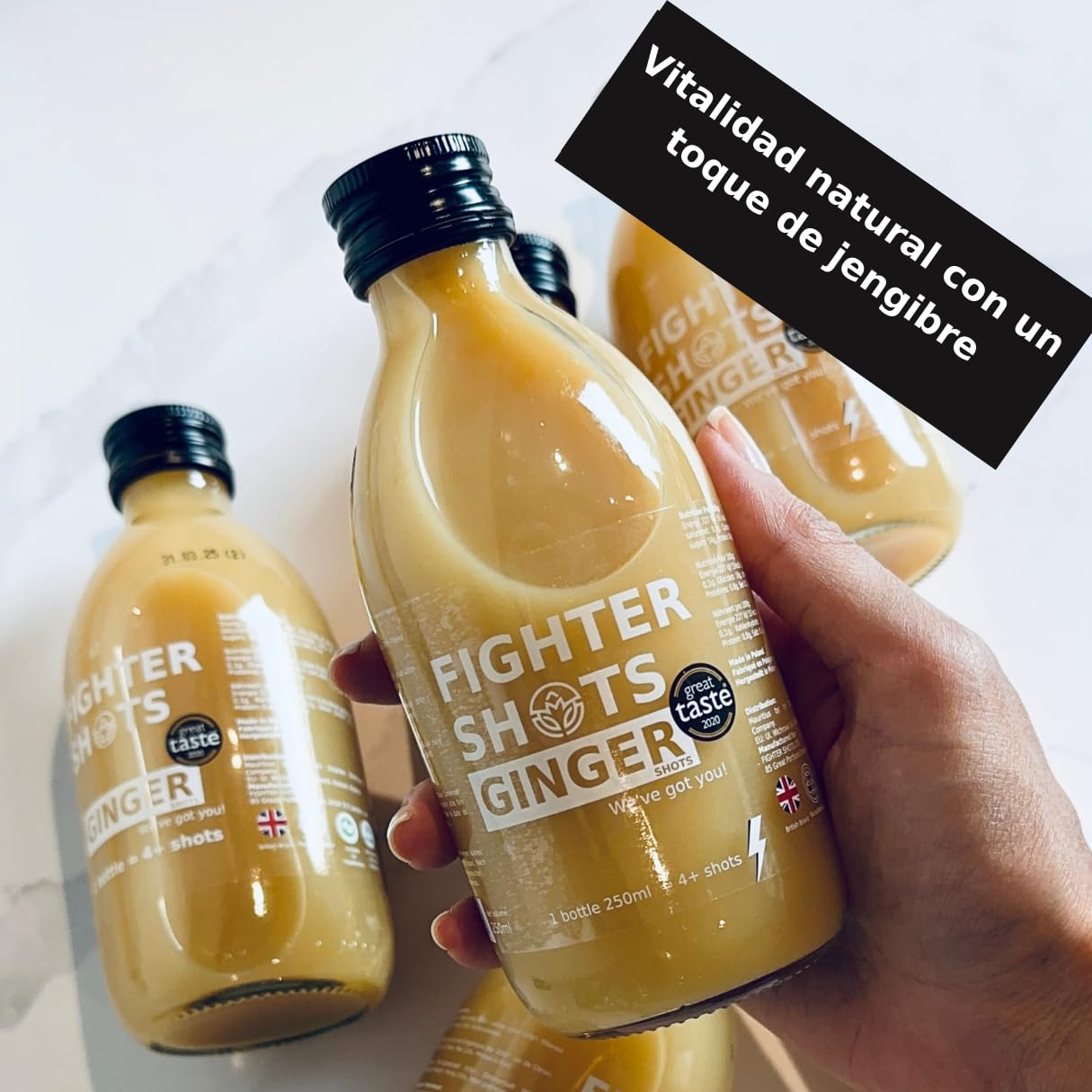 Botellas Dosificadoras de Fighter Shots de Jengibre (6x250ml/24+ Shots) | Galardonados frescos e intensos shots de jengibre | Aumenta la Energía | 100% Natural/Sin Gérmenes Desagradables