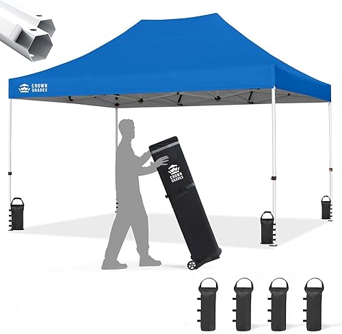 CROWN SHADES 10x15 Tienda de campaña con toldo desplegable, tienda comercial resistente con marco engrosado, 8 estacas y 4 bolsas de arena y 4