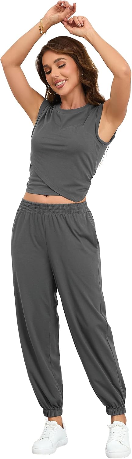 Women's Cozy 2 Piece Outfits Lounge Sets Sleeveless Cropped Tops High Waisted Jogger Sweatpants Sweats Track Suits Set
