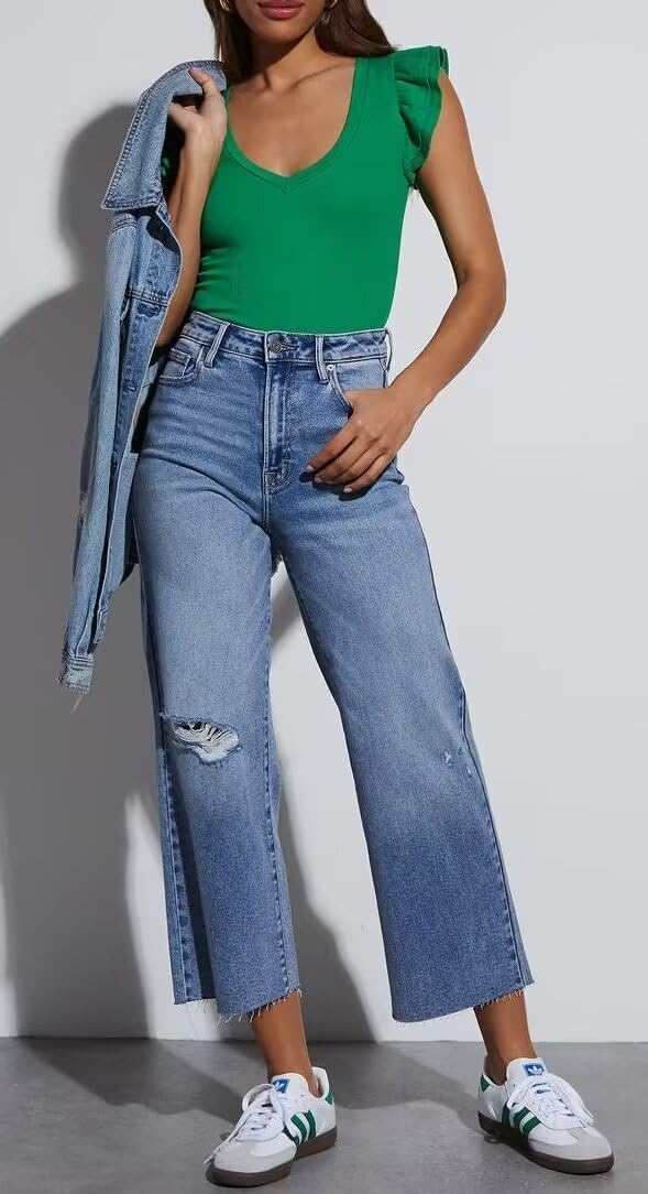 INFITTY Women's V Neck T Shirts Ruffle Sleeve Tops Dressy Sexy Sleeveless Slim Fitted Ribbed Tank Top Summer 2026 - Image 3