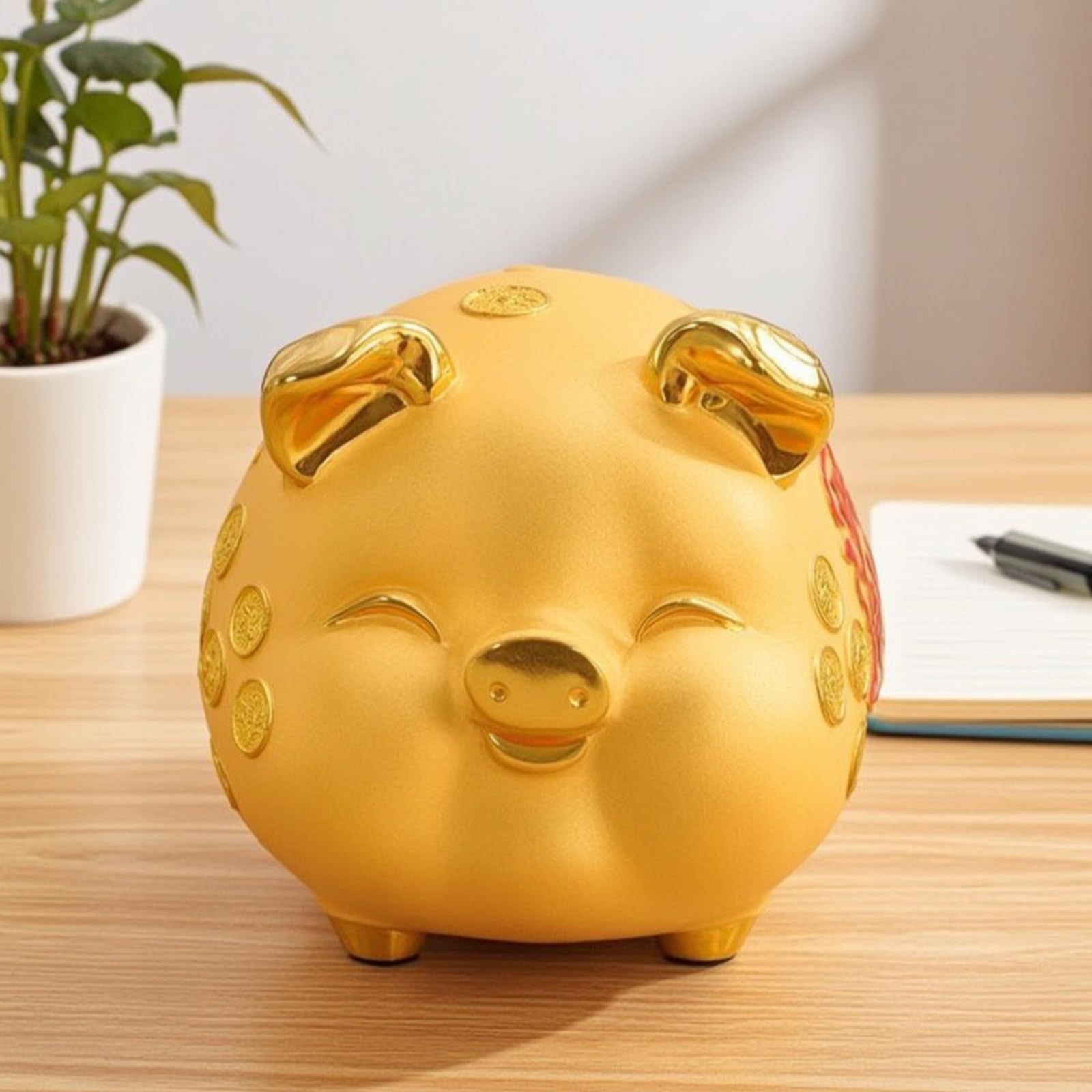 Salvadanaio Bambini Contenitore Risparmio Portasoldi Decorativo Resina Orecchie Zoccoli Dorati Motivi Prosperità Fessura Deposito Adatto per Cameretta, Medio