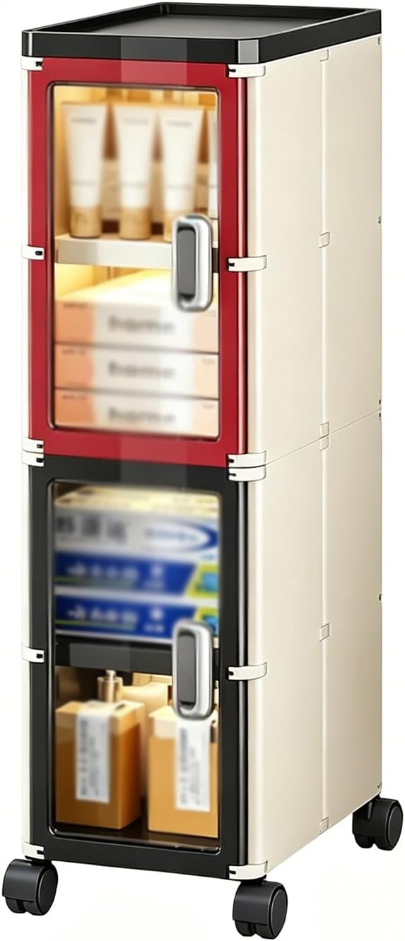 Slim Bathroom Storage Cabinet, Foldable Narrow Rolling Storage Cart with Wheels, No Assembly Ready to Use, Splash Proof Design for Small Spaces(B,20.7x34x70cm/8.2x13.4x27.6)