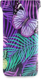 HUSSRITY Eyeglasses Case Tropical Palm Leaves Butterflies Sunglasses Pouch Soft PU Leather Squeeze Top Eyeglass Holder Portable Glasses Case For Women Men