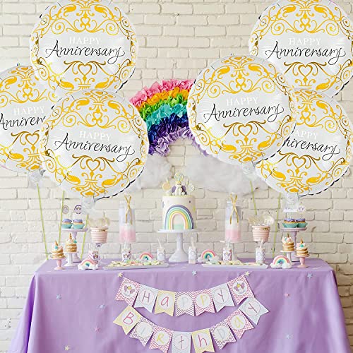 Image of AMFIN (Pack of 6) Happy Anniversary Round Foil Balloons for Wedding, Anniversary, Party Decoration /Anniversary Decorations Items Combo for Home Balloon - White & Golden