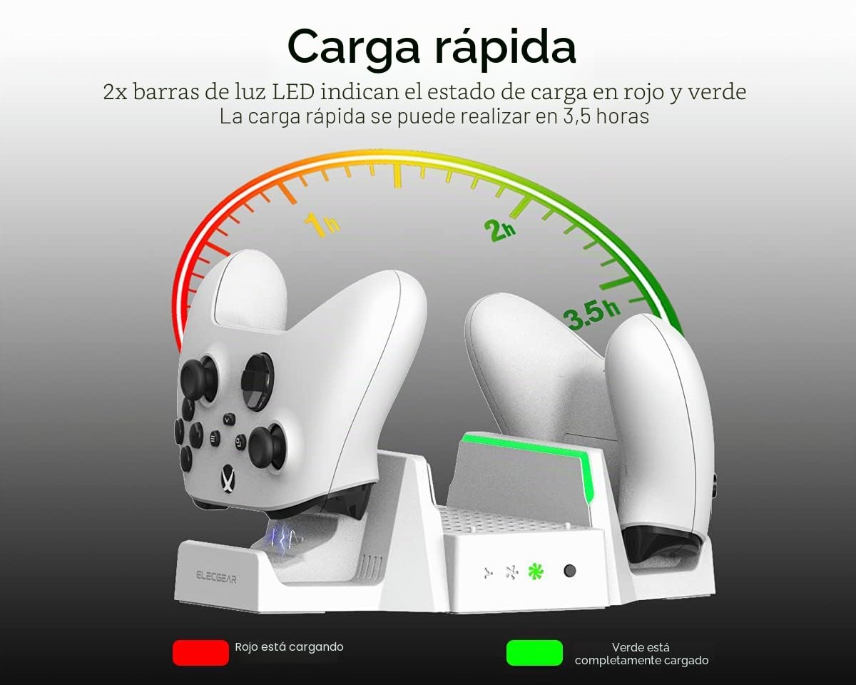 ElecGear Soporte Vertical y Ventilador de Refrigeración para Xbox Series S, 2X Batería Recargable y Base de Cargador Dual para Controlador Xbox, Estación de Carga del Mando con Luces LED y Puerto USB