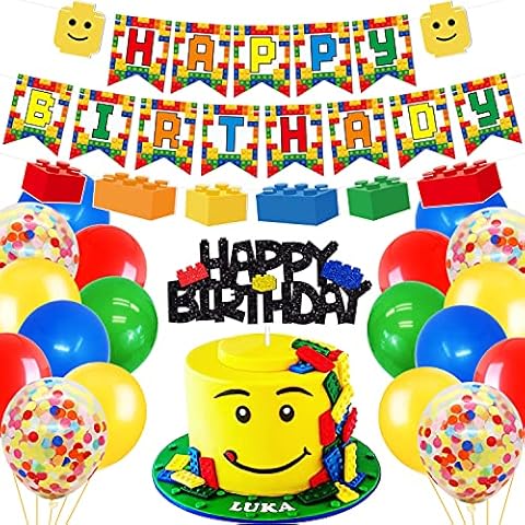 Building Blocks Themed Birthday Party Decorations Pack - Includes Glitter Cake Topper Banners and Balloons - Summer Colorful Themed Bday Party Pack Supplies Cover