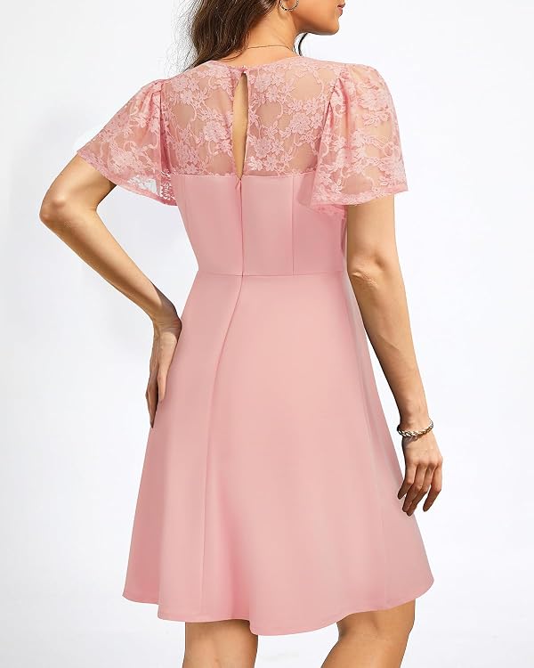 Pink Dress with Short Lace Sleeve Cocktail Wedding Guest Semi Formal Party A line Short Dresses Women Teen M by Holipick - Used condition - Image 3
