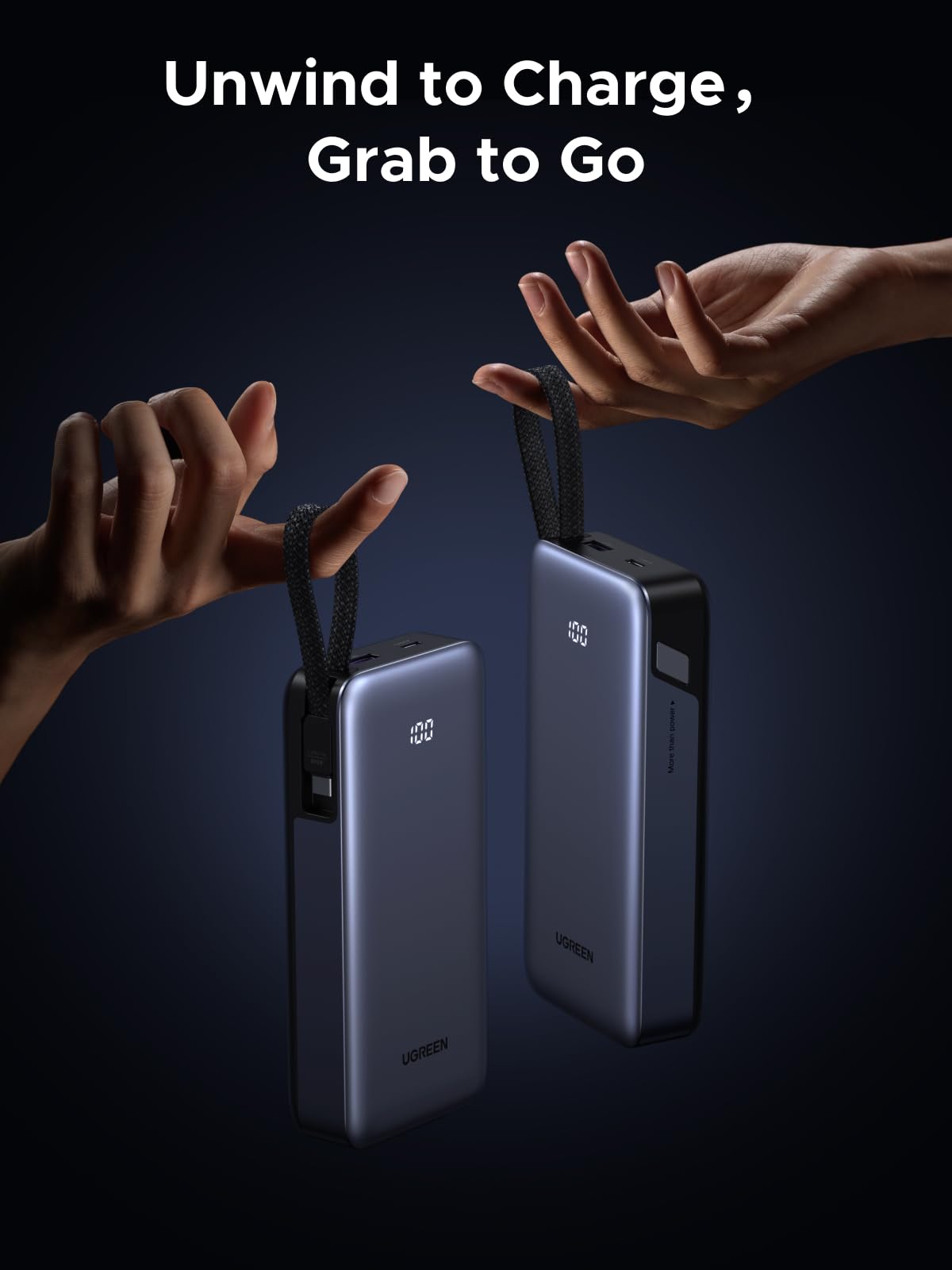 UGREEN Nexode Power Bank 20000mAh 45W with Built-in Cable, Fast Charging Portable Charger for iPhone 17 Pro/Samsung S25 Ultra/iPad Pro, 3-Port External Battery Pack with Digital Display, Travel Ready